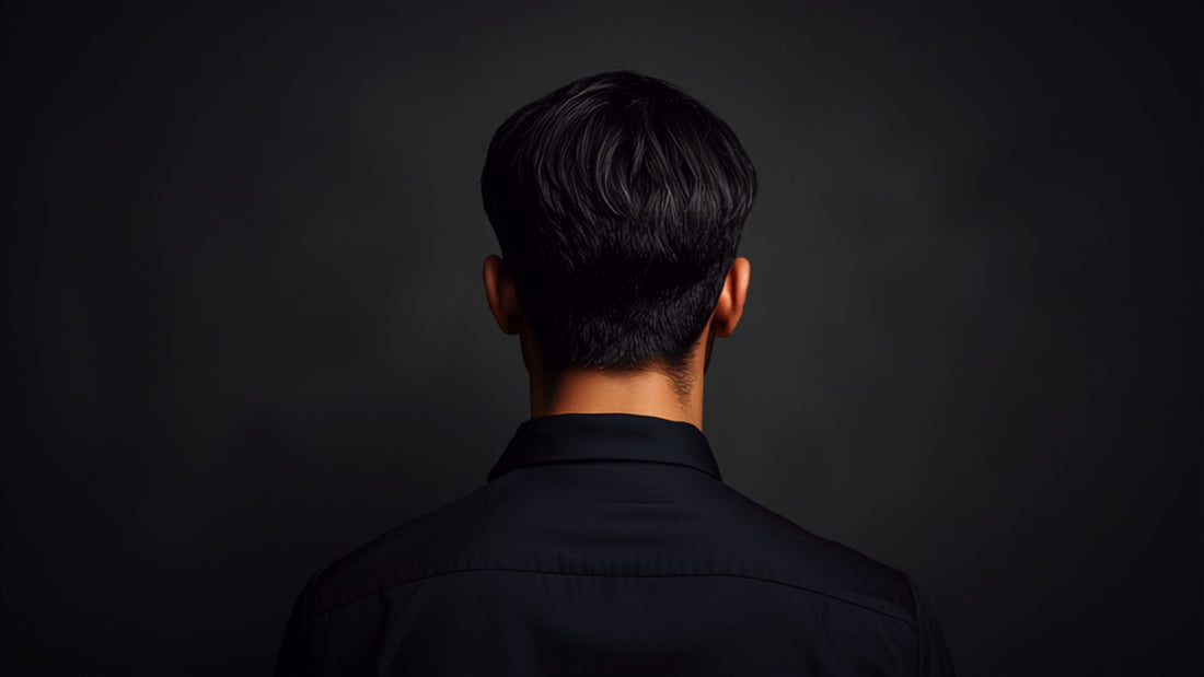 Back view of Indian man with perfectly styled defined hair, dark premium grooming aesthetic