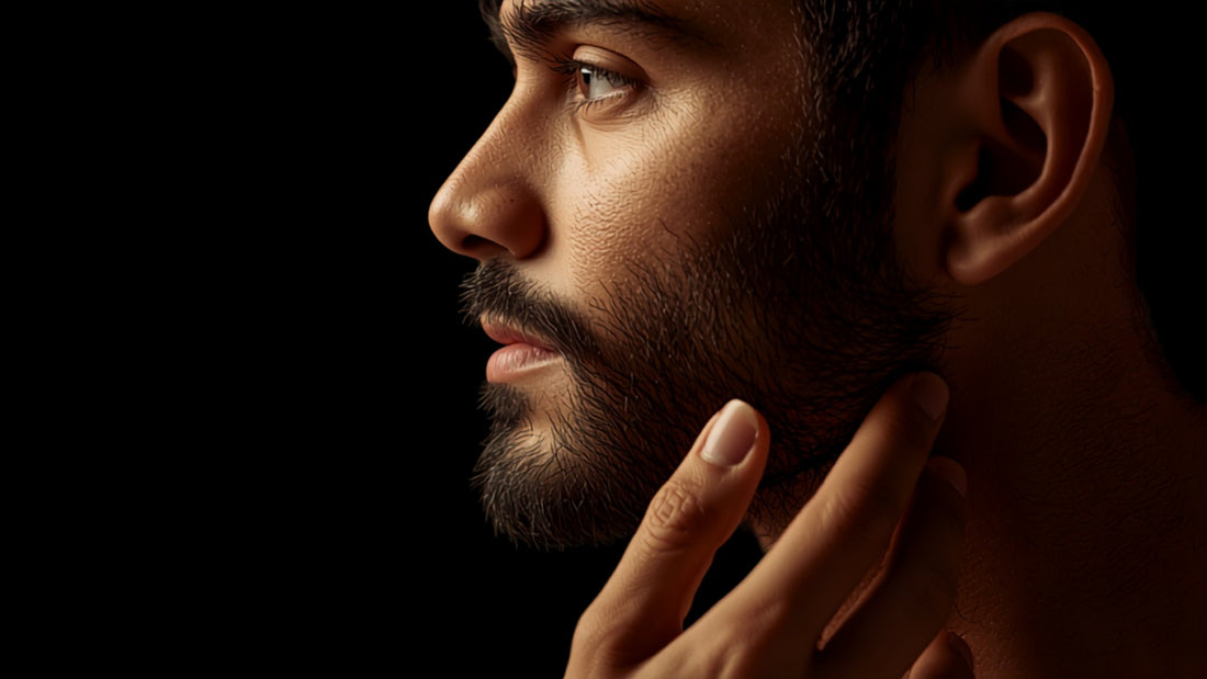 Side profile of an Indian man with a natural low maintenance beard in warm editorial light