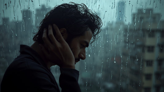 Side profile of an Indian man running a hand through damp hair by a rain-streaked window during monsoon