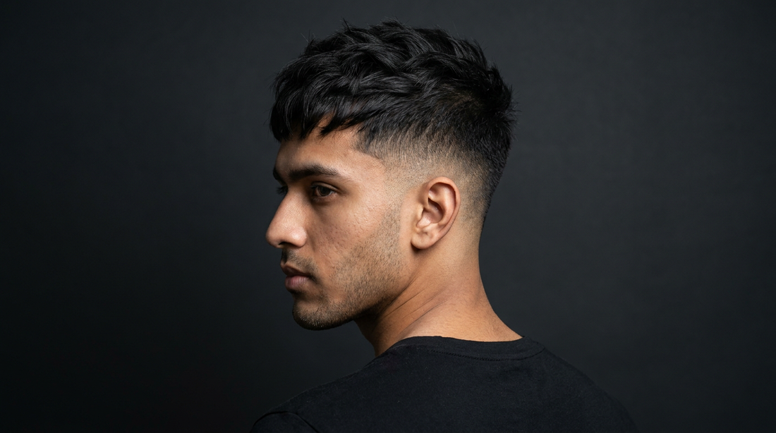 Indian man with textured crop haircut, studio editorial photography