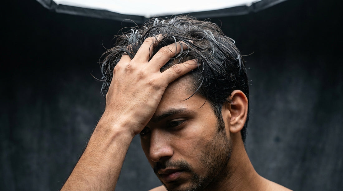 Indian man running fingers through hair showing healthy scalp, men's grooming editorial