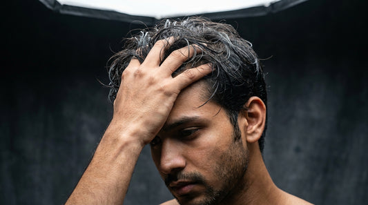 Indian man running fingers through hair showing healthy scalp, men's grooming editorial