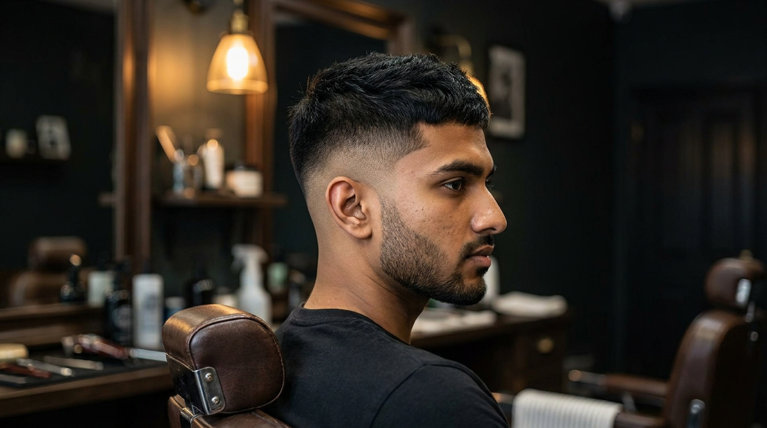 Indian man with a freshly cut low burst fade haircut and shaped beard in a barbershop chair
