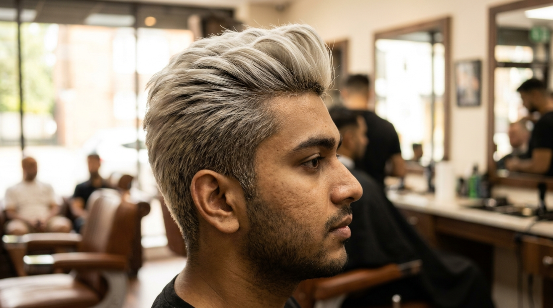 Side profile of an Indian man with a platinum blonde colored quiff hairstyle in a barbershop