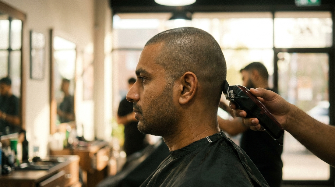 Side profile of an Indian man with a fresh buzzcut and light stubble in a barbershop, barber's clippers visible near the back of his head