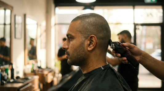 Side profile of an Indian man with a fresh buzzcut and light stubble in a barbershop, barber's clippers visible near the back of his head