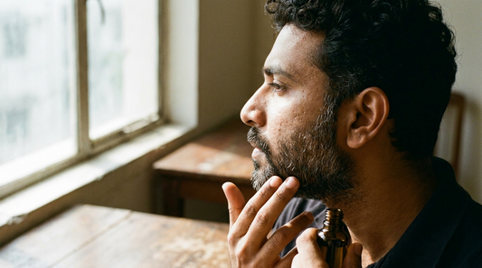 Close-up side profile of an Indian man's well groomed beard with visible grey and salt-and-pepper strands