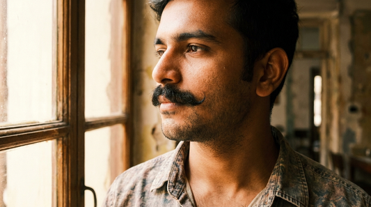 Close-up side profile of an Indian man with a thick, well-groomed 70s-style moustache, candid natural light photo