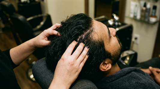 Close-up of an Indian man receiving a scalp massage during a head spa treatment in a salon
