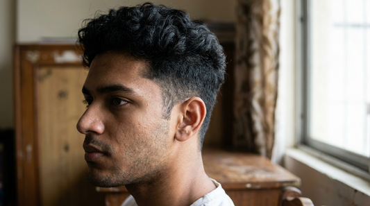 Side profile of an Indian man with natural curly hair worn in a curly top with faded sides, candid natural light photo
