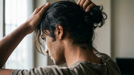 Indian man tying his long hair into a man bun, candid natural light close-up from behind