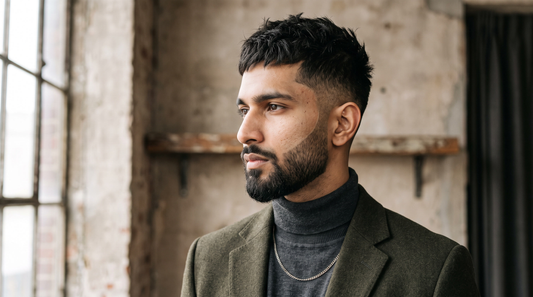 Male fashion model in three-quarter profile with a shadow-faded beard blending into a skin fade at the sideburn, editorial natural light photo