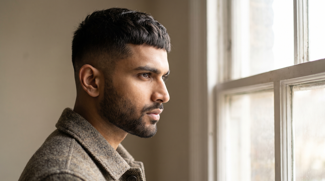Male fashion model in three-quarter profile with a short textured crop fade styled with matte texture and a sharply groomed beard, editorial natural light photo