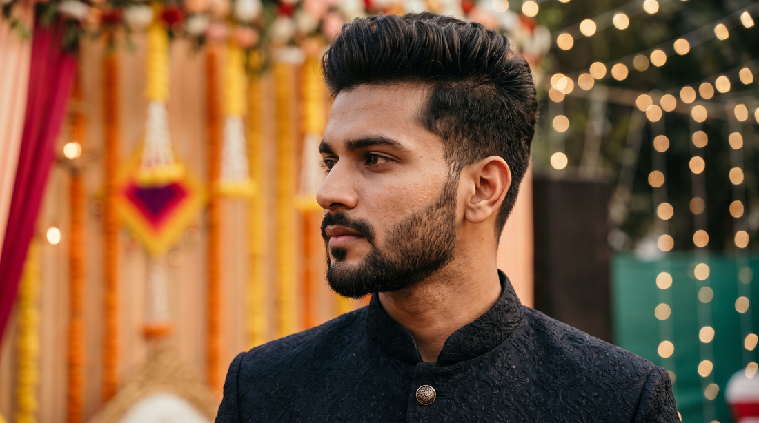 Male fashion model in three-quarter profile with a high textured pompadour styled with matte volume and a sharply groomed beard, editorial natural light photo