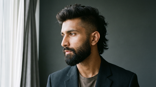 Male fashion model in three-quarter profile with a modern mullet, tapered sides and textured matte length at the nape, and a sharply groomed beard, editorial natural light photo