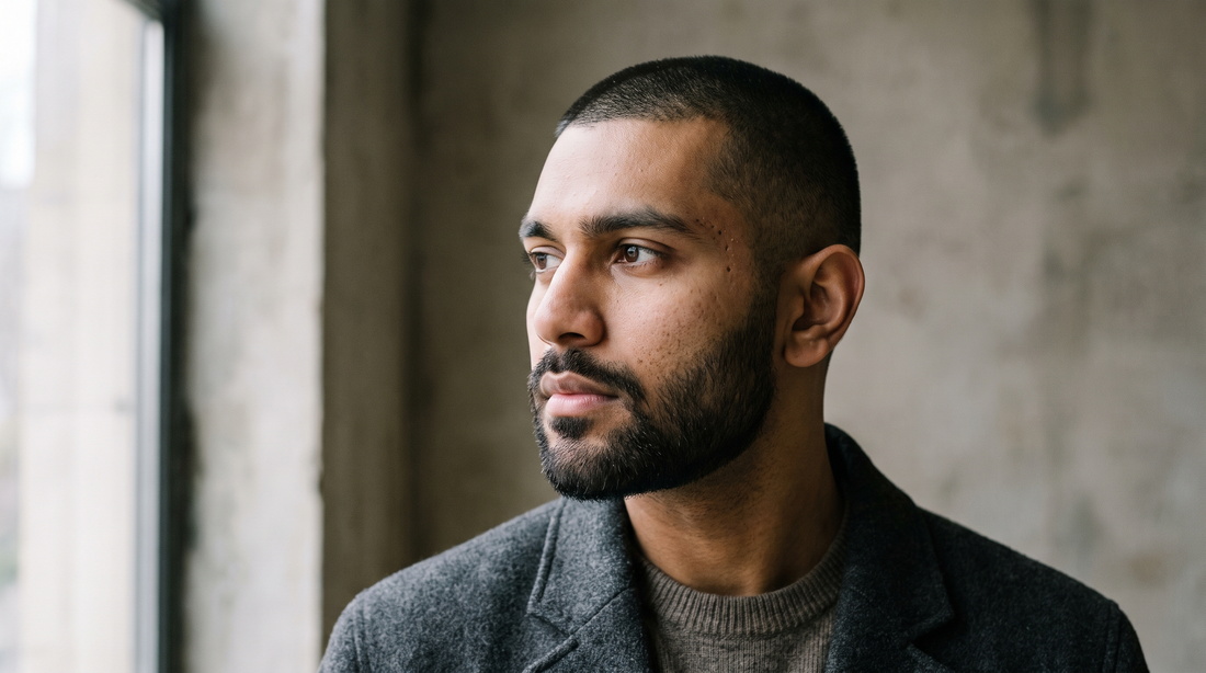 Male fashion model in three-quarter profile with a freshly cut buzzcut and skin fade, and a sharply groomed dense short beard, editorial natural light photo