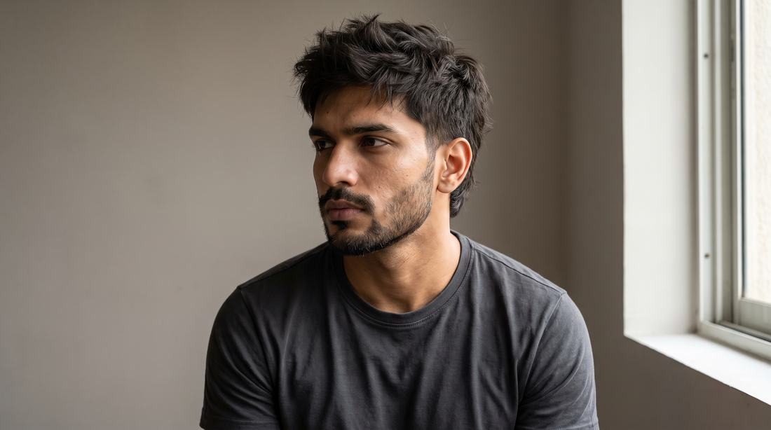 Male fashion model in three-quarter profile with a textured wolf cut, choppy matte layers and lifted crown, and a sharply groomed short beard, editorial natural light photo