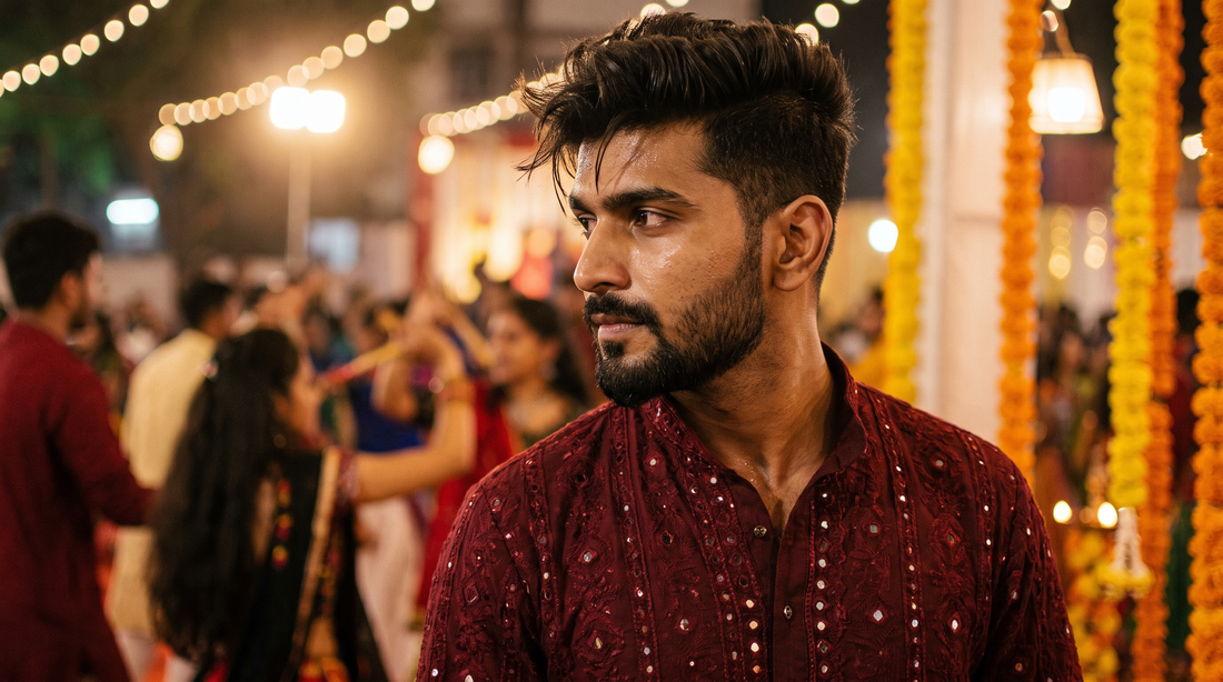 Male fashion model in three-quarter profile with a blow dried textured matte quiff and a sharply groomed short boxed beard, wearing a maroon kediyu at a Navratri garba night, editorial natural light photo