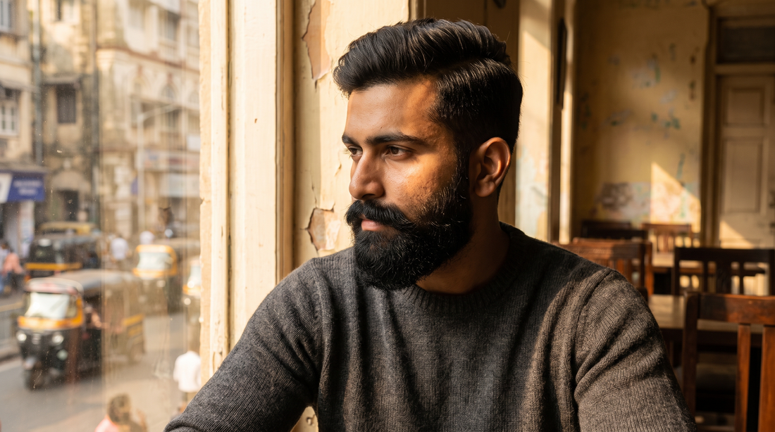 Indian male fashion model in three-quarter profile with a soft, conditioned, flake free dense black beard and a matte textured side part, editorial window light photo in a Mumbai cafe