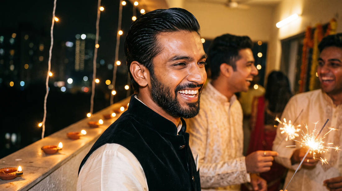 Indian male fashion model with a soft shine slick back and a dense groomed black beard, black velvet Nehru jacket, laughing mid conversation with friends holding sparklers at a Diwali terrace party lit by diyas and string lights, candid night photo